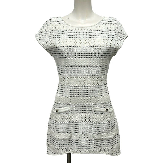 Chanel Dress 34 S White Black Short Sleeve Mini Border Cotton