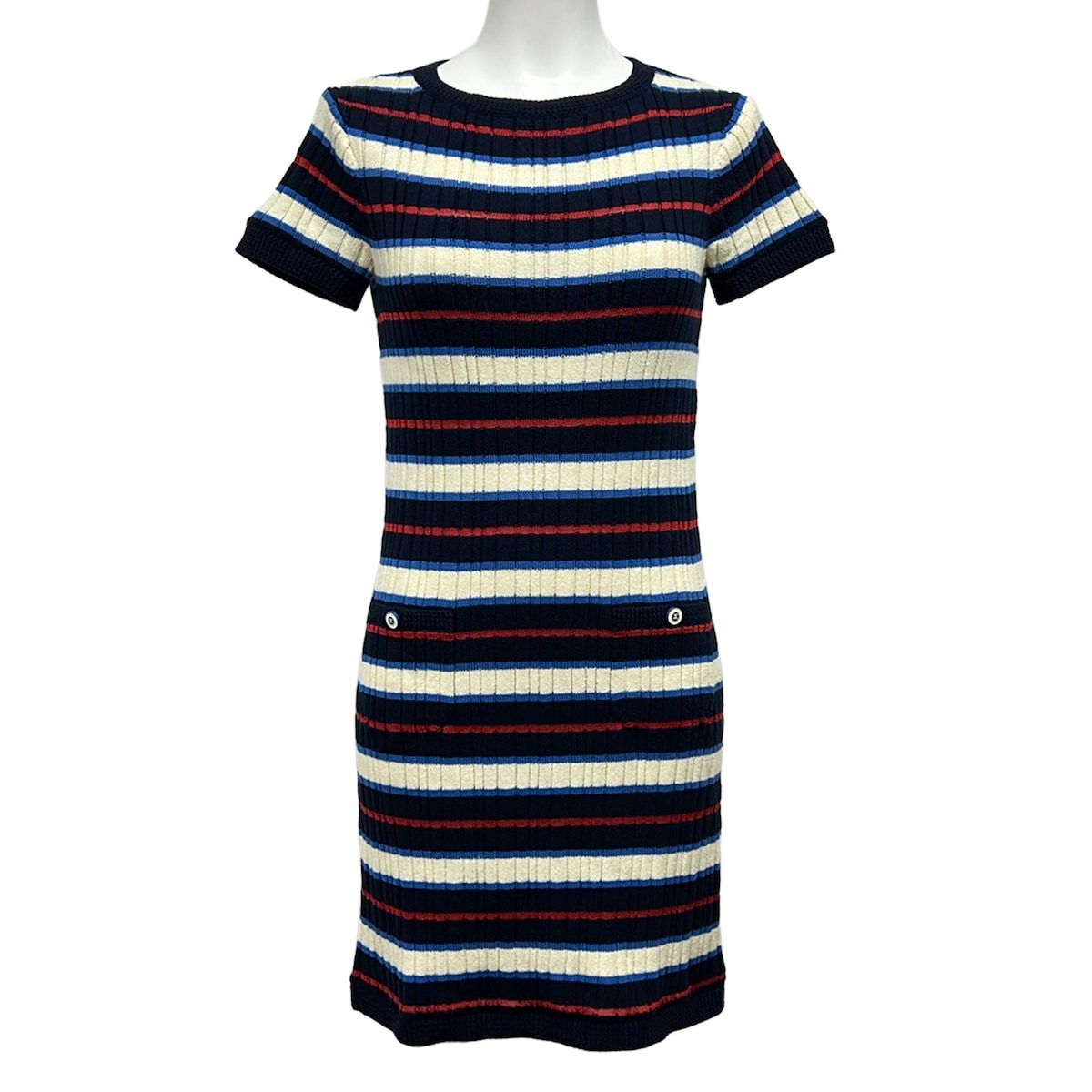 Chanel Dress 36 S Dark Navy Ivory Multi Short Sleeve Knee Length Knit Border