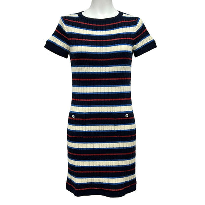 Chanel Dress 36 S Dark Navy Ivory Multi Short Sleeve Knee Length Knit Border