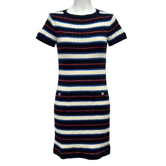 Chanel Dress 36 S Dark Navy Ivory Multi Short Sleeve Knee Length Knit Border