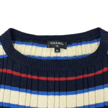 Chanel Dress 36 S Dark Navy Ivory Multi Short Sleeve Knee Length Knit Border — view 8