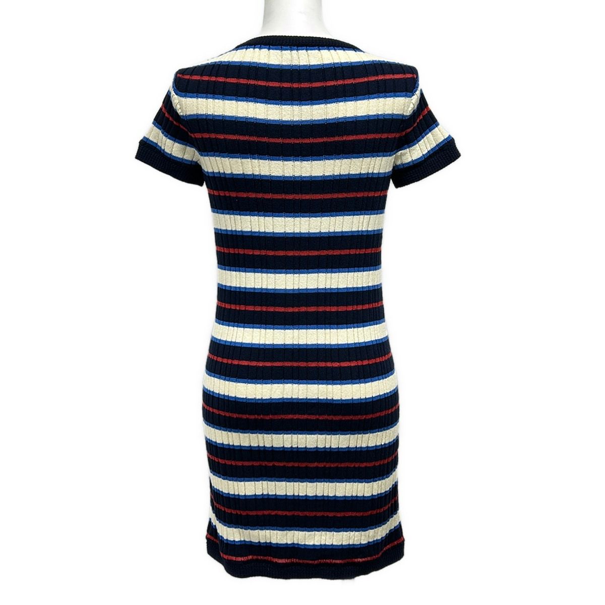 Chanel Dress 36 S Dark Navy Ivory Multi Short Sleeve Knee Length Knit Border — view 2