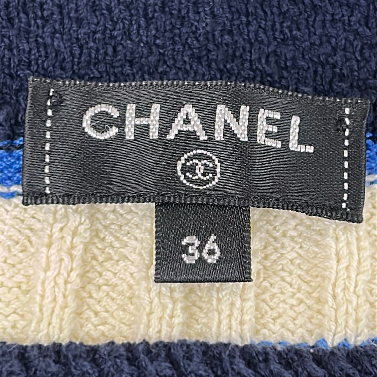 Chanel Dress 36 S Dark Navy Ivory Multi Short Sleeve Knee Length Knit Border — view 3