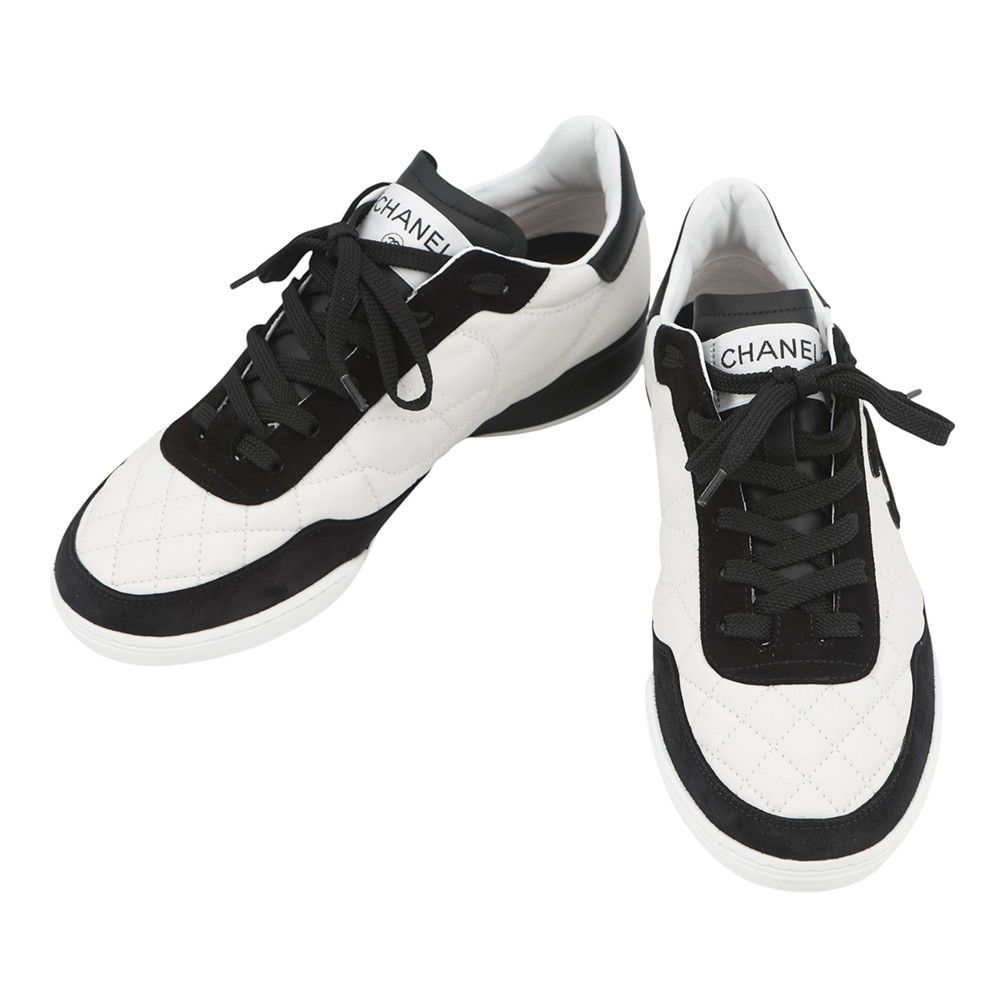 Chanel Sneakers CC Logo Quilted Leather Suede 38 Shoes White Black