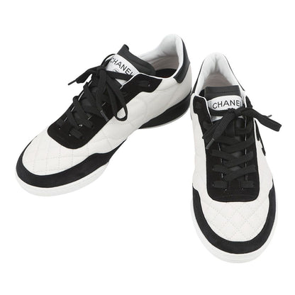 Chanel Sneakers CC Logo Quilted Leather Suede 38 Shoes White Black