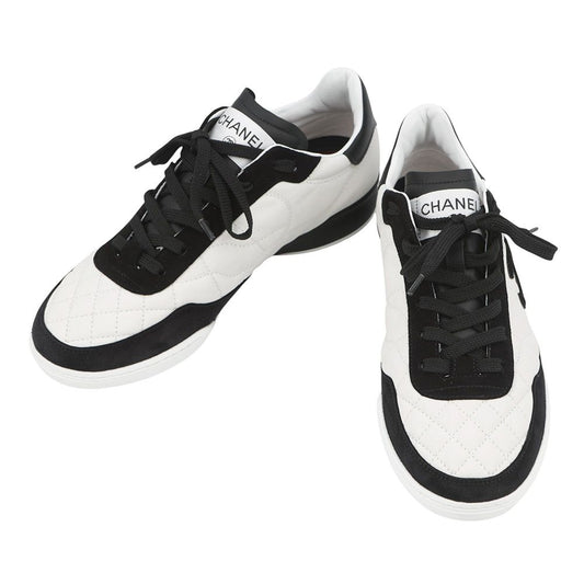 Chanel Sneakers CC Logo Quilted Leather Suede 38 Shoes White Black