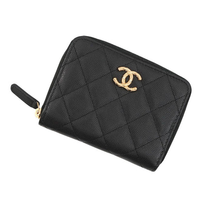Chanel Bifold Wallet Quilted Round Zip CC Logo Caviar Leather Black