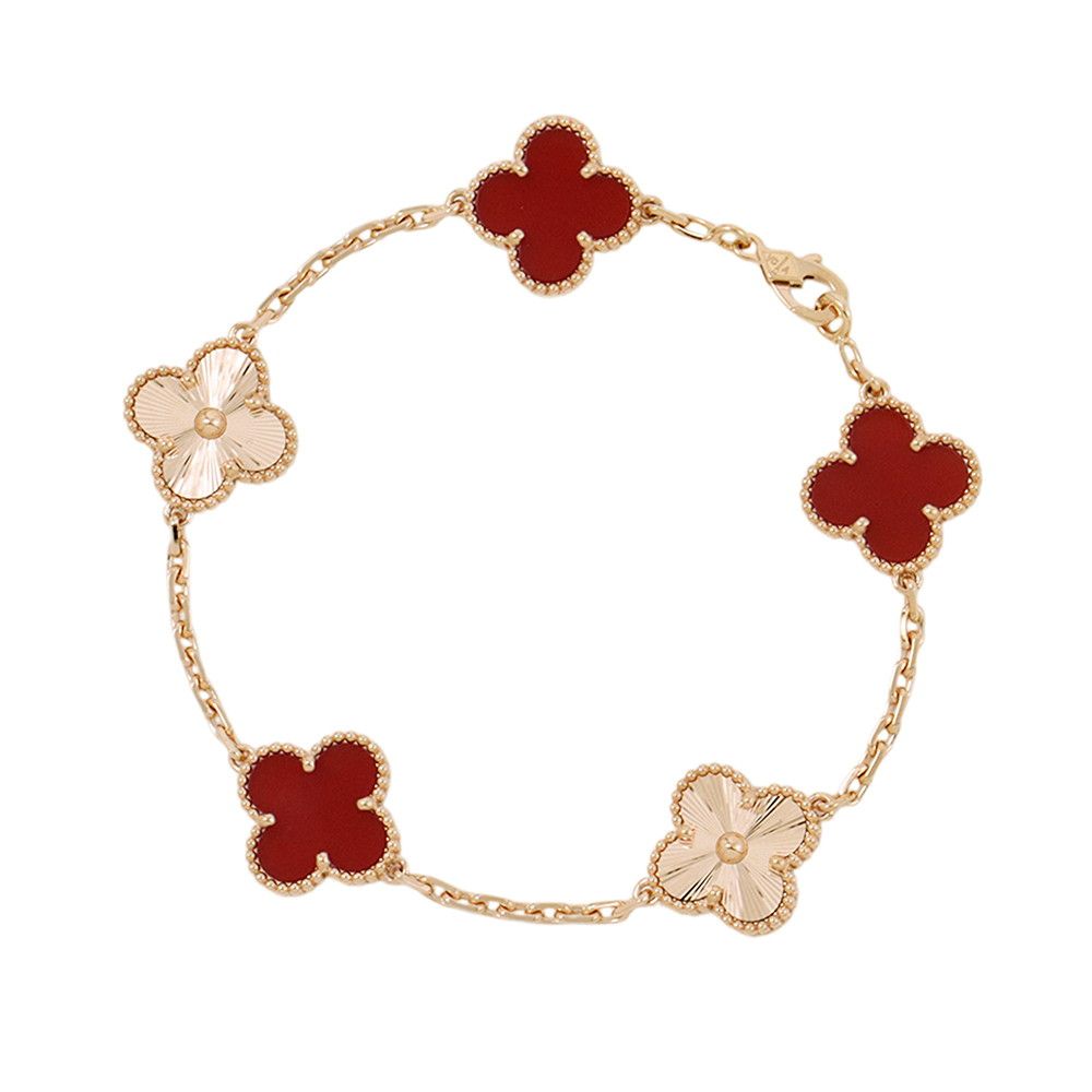 Van Cleef & Arpels Bracelet Vintage Alhambra 5 Motif Carnelian Guilloche 18k