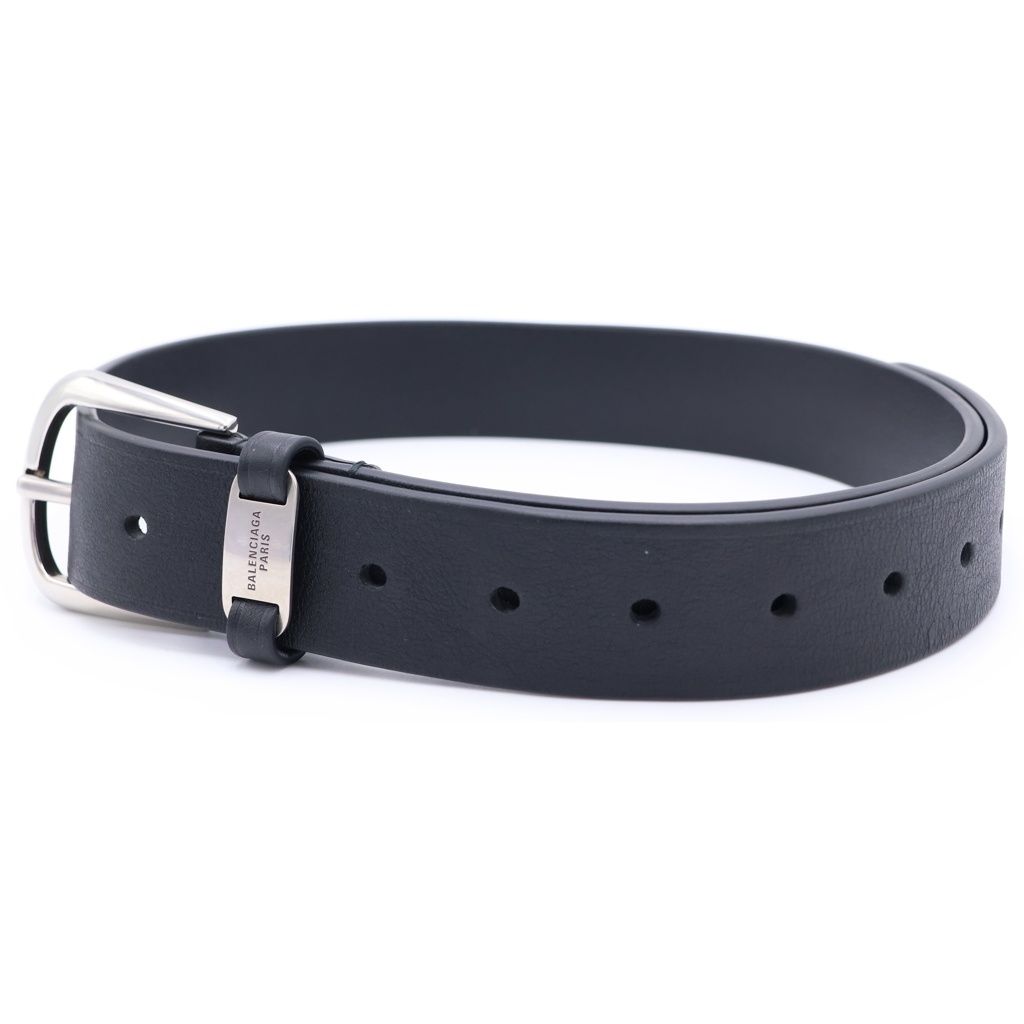 Balenciaga Suit Belt Calfskin Antique Style Leather Logo Plate Buckle Black