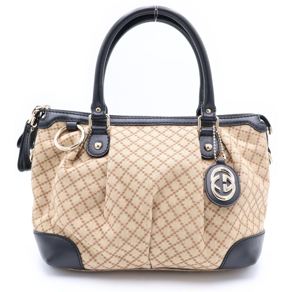Gucci Diamanth 2-Way Shoulder Bag Black Beige Canvas Leather Gold
