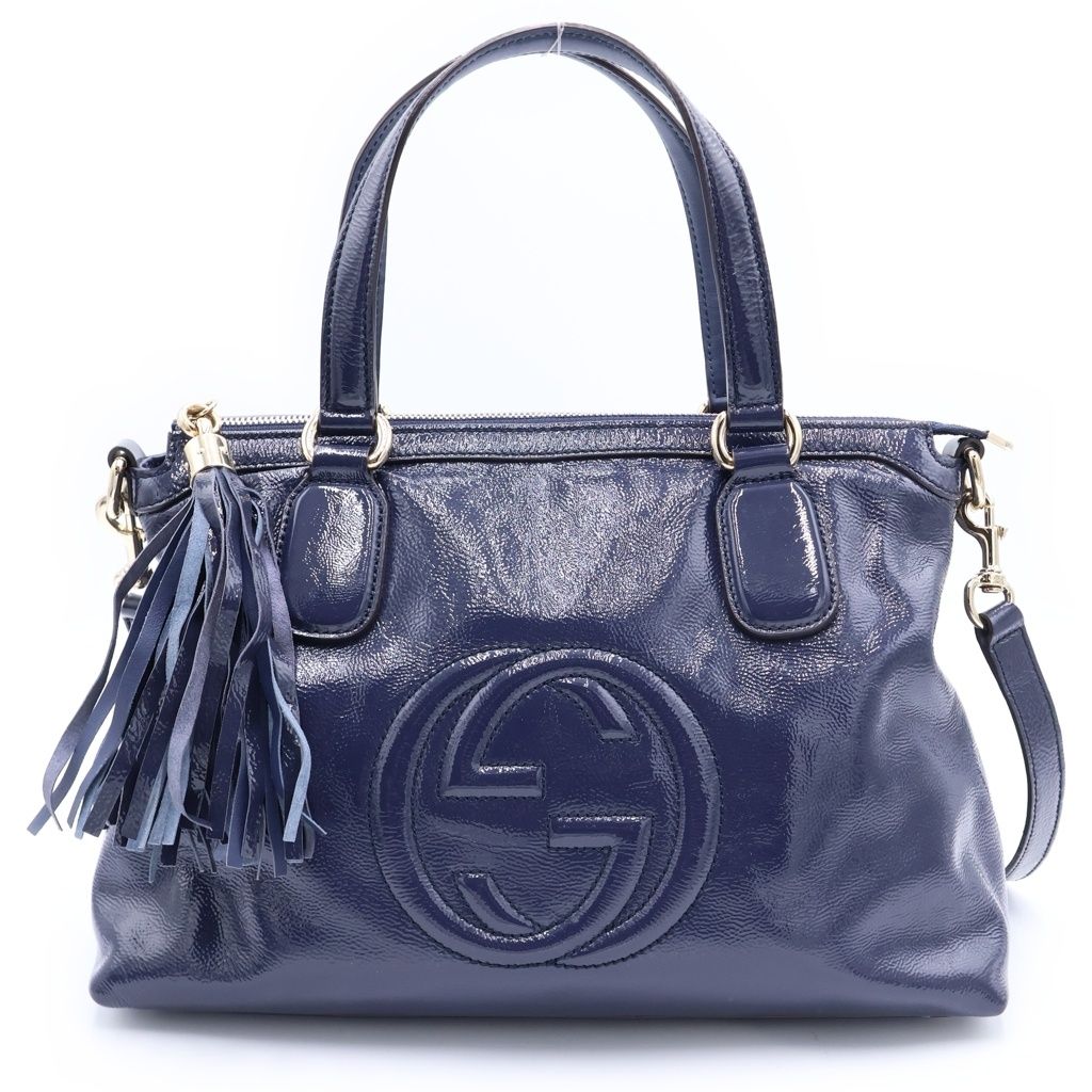 Gucci Soho Tote Shoulder Bag Navy Patent Leather Gold