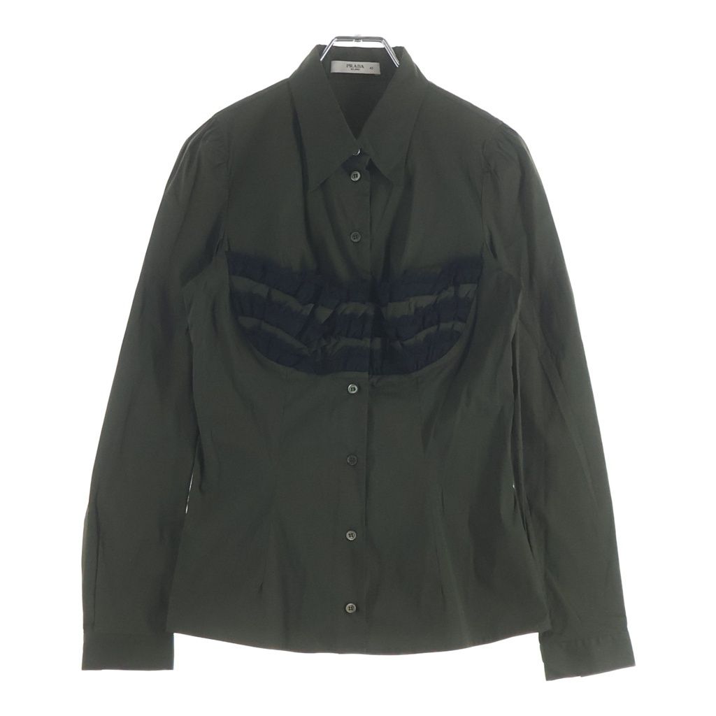 Prada Lace Decoration Stretch Long Sleeve Shirt Khaki
