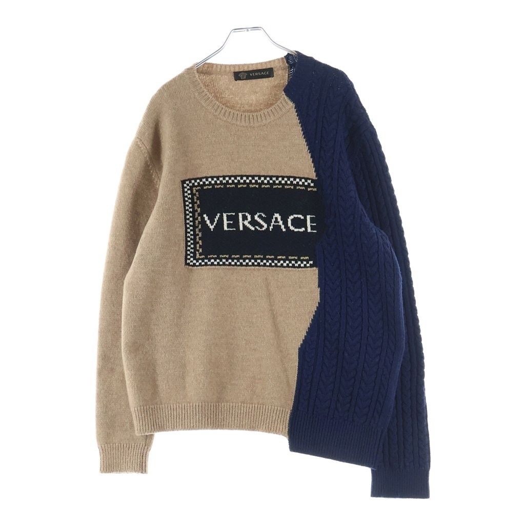 Versace Gianni Logo Jacquard Crew Neck Wool Long Sleeve Knit Sweater Beige Navy
