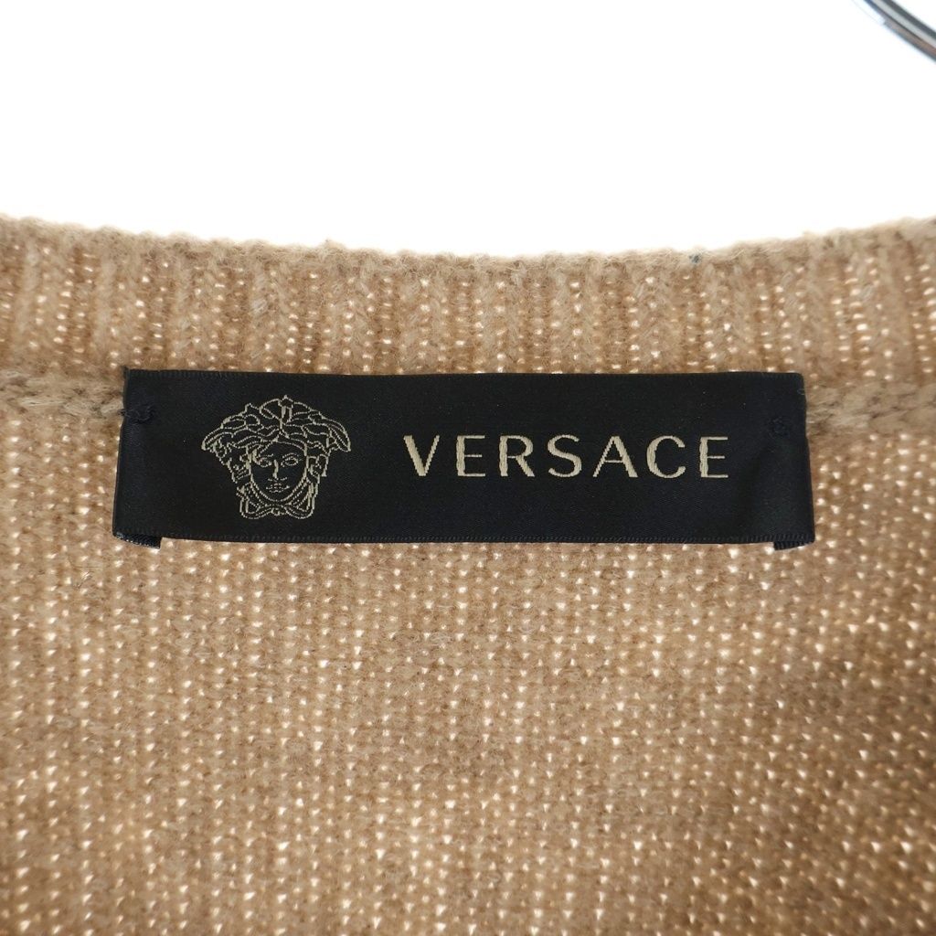 Versace Gianni Logo Jacquard Crew Neck Wool Long Sleeve Knit Sweater Beige Navy — view 6