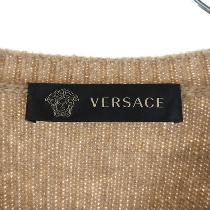 Versace Gianni Logo Jacquard Crew Neck Wool Long Sleeve Knit Sweater Beige Navy — view 6