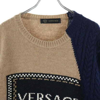 Versace Gianni Logo Jacquard Crew Neck Wool Long Sleeve Knit Sweater Beige Navy — view 3