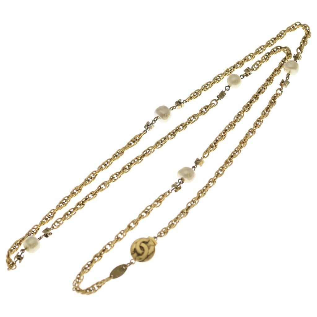 Chanel CC Logo Faux Pearl Long Necklace Gold — view 2