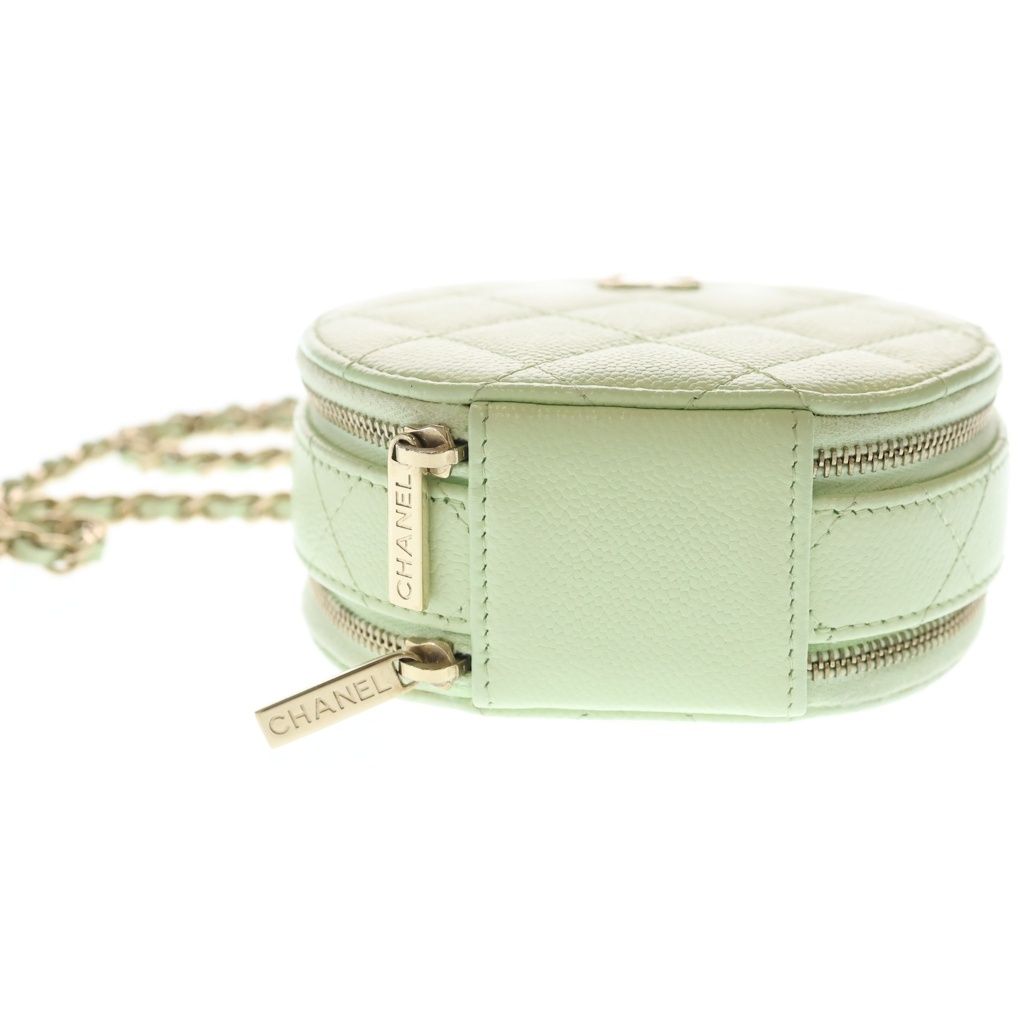 Chanel Mini Round Quilted Chain Shoulder Bag Vanity Lime Green Caviar Leather — view 4