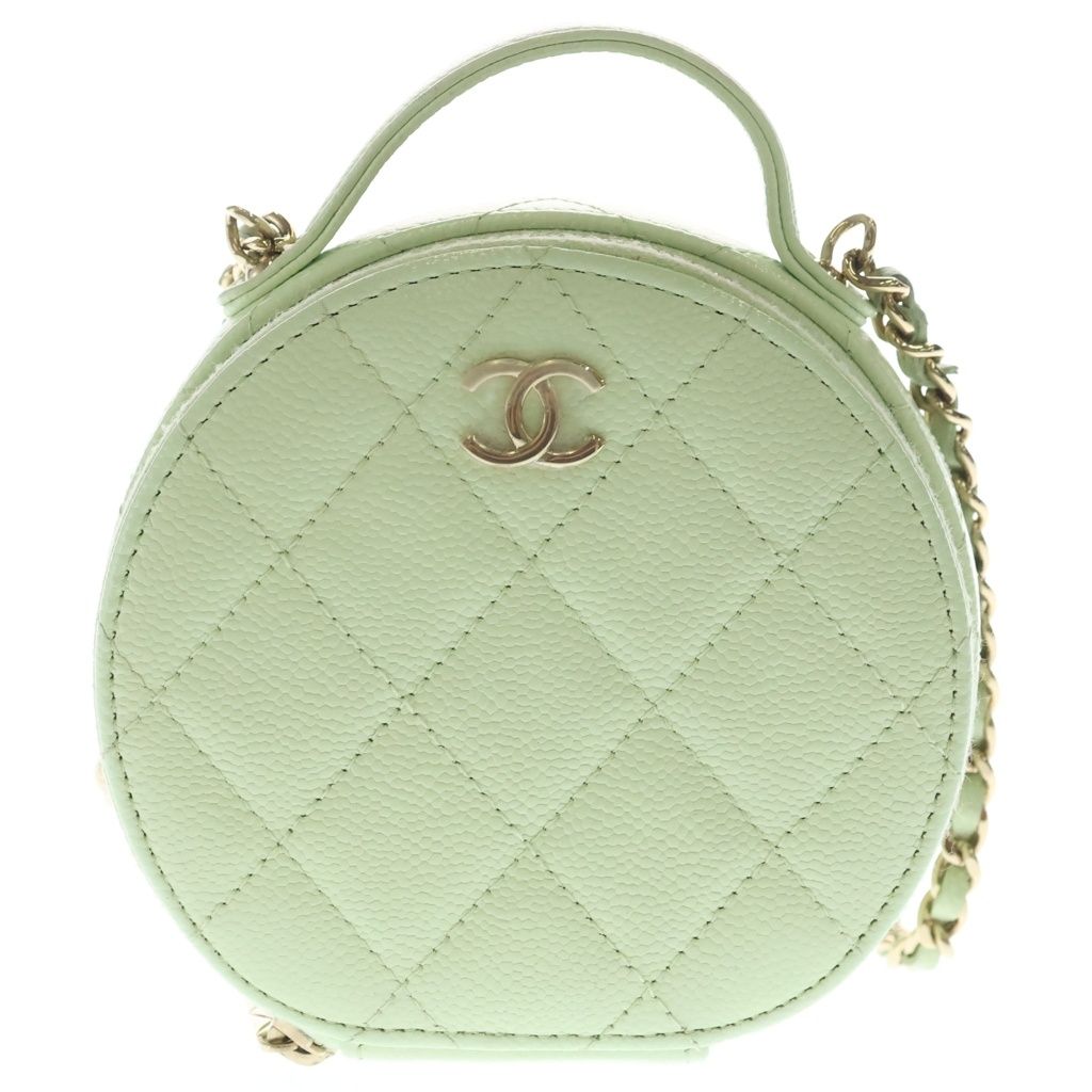 Chanel Mini Round Quilted Chain Shoulder Bag Vanity Lime Green Caviar Leather