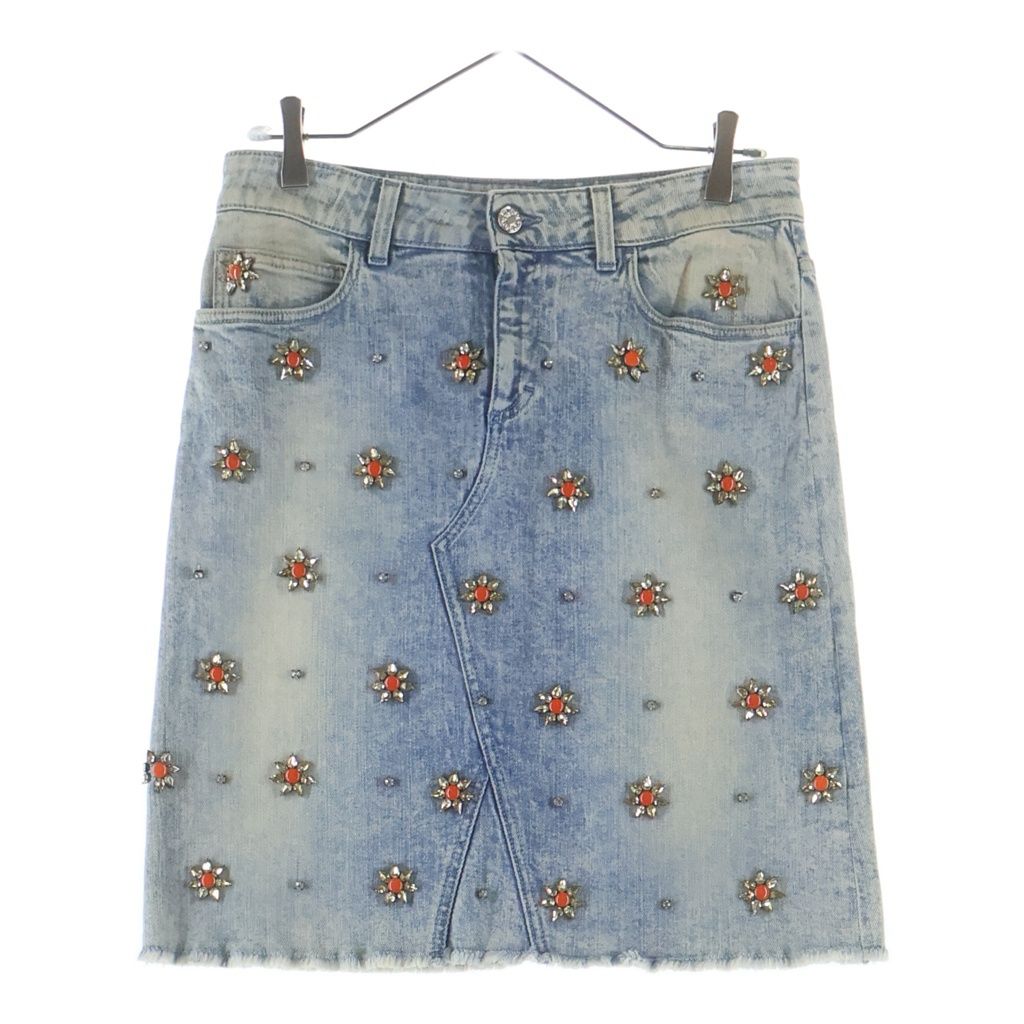 Gucci Studded Flower Denim Knee Length Skirt Indigo Blue 40