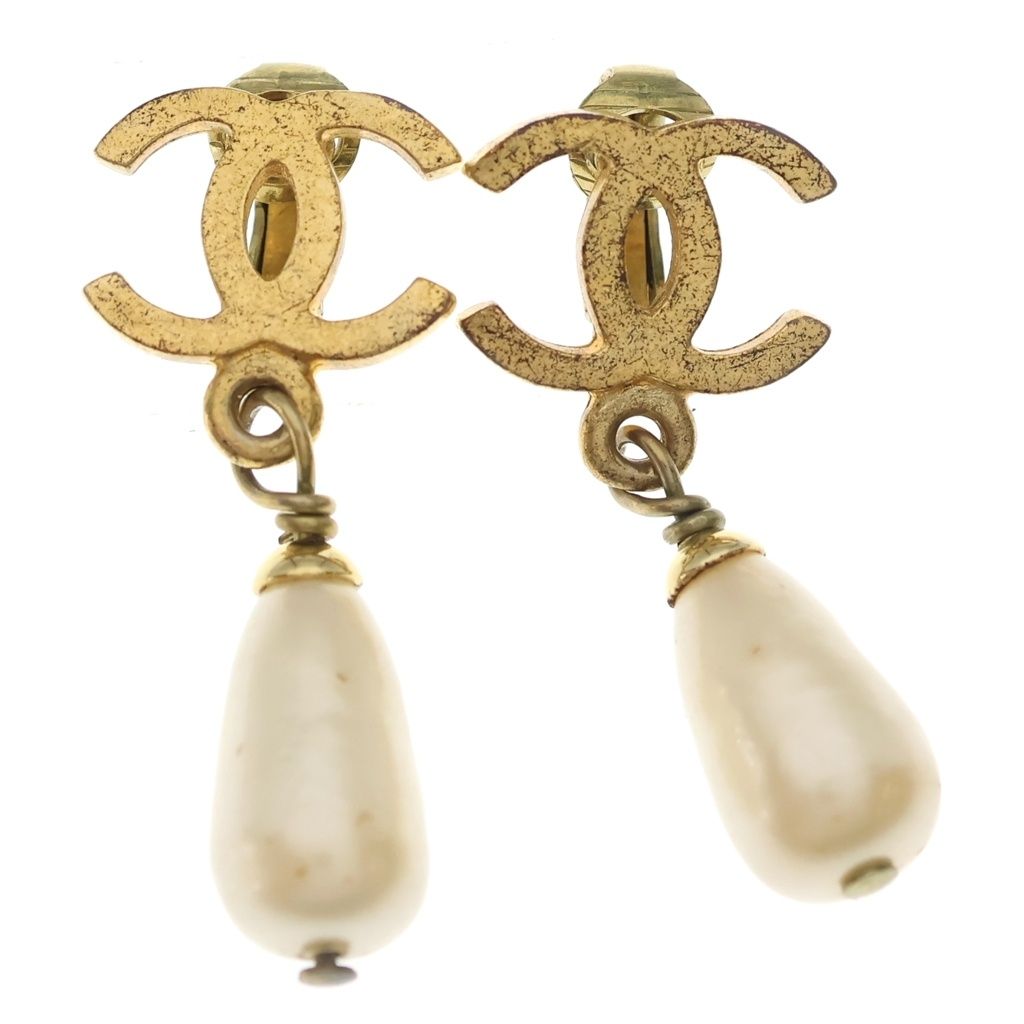 Chanel CC Logo Faux Pearl Charm Earrings Gold