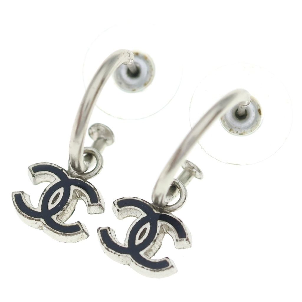Chanel CC Logo Charm Hoop Earrings Silver