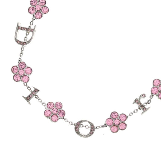 Dior Rhinestone Flower Necklace Pink Silver