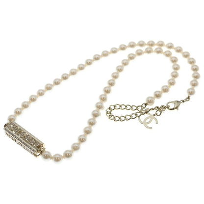 Chanel Logo Necklace Faux Pearl Rhinestone White Gold 24c — view 2