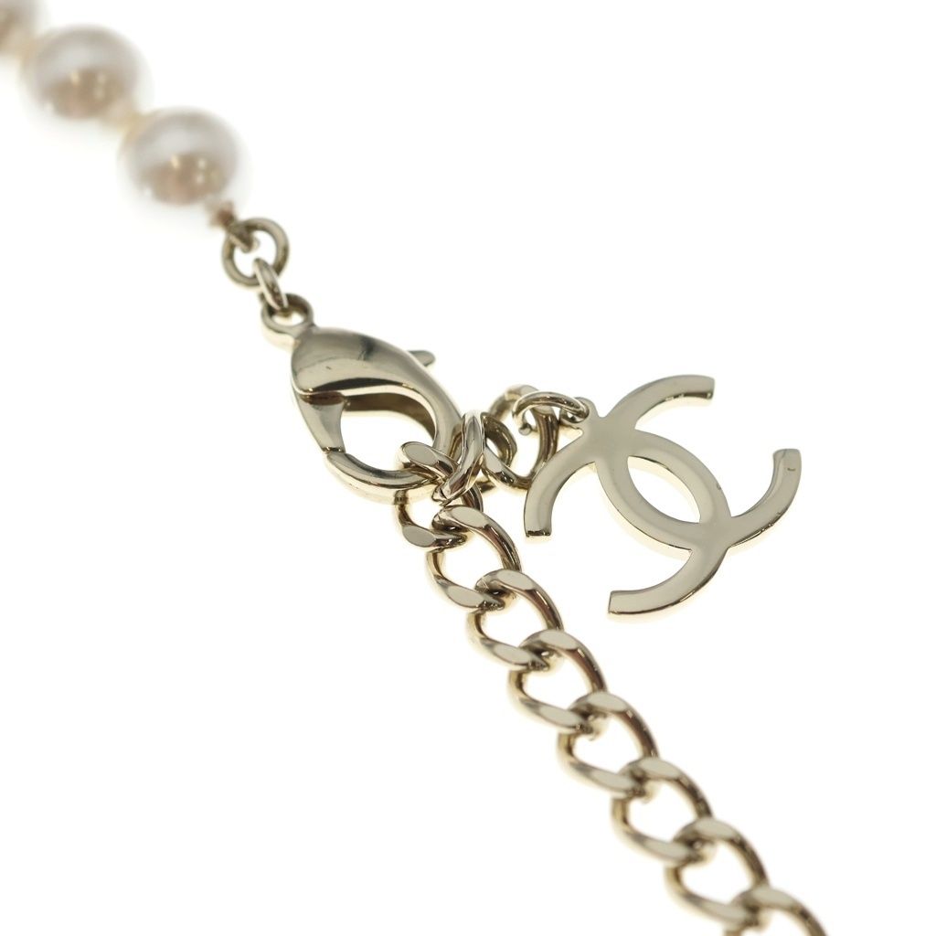 Chanel Logo Necklace Faux Pearl Rhinestone White Gold 24c — view 4