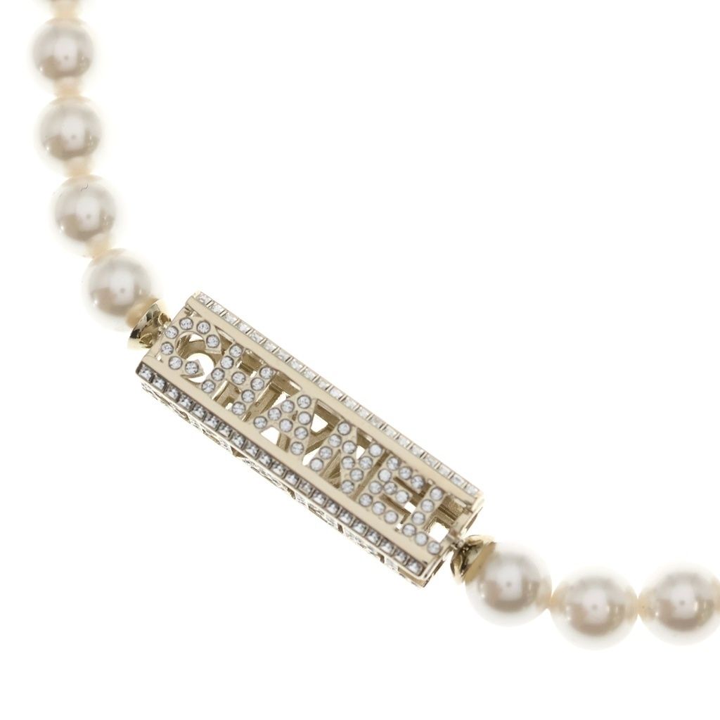 Chanel Logo Necklace Faux Pearl Rhinestone White Gold 24c