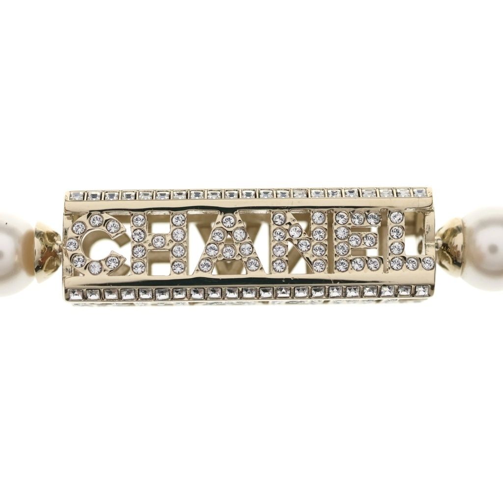 Chanel Logo Necklace Faux Pearl Rhinestone White Gold 24c — view 3