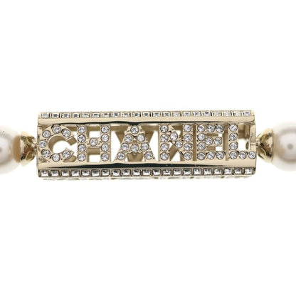 Chanel Logo Necklace Faux Pearl Rhinestone White Gold 24c — view 3