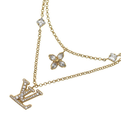 Louis Vuitton Necklace LV Logo Rhinestone Double Strand Pendant Chain Gold