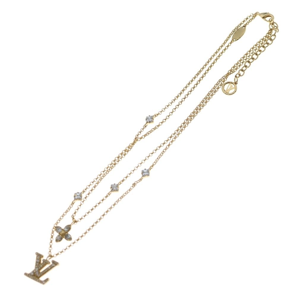 Louis Vuitton Necklace LV Logo Rhinestone Double Strand Pendant Chain Gold — view 2