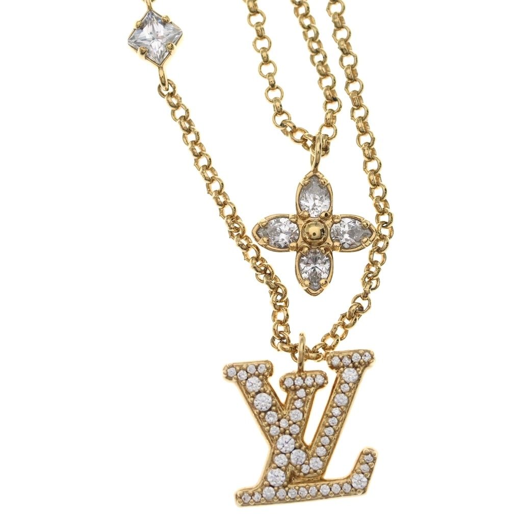 Louis Vuitton Necklace LV Logo Rhinestone Double Strand Pendant Chain Gold — view 3
