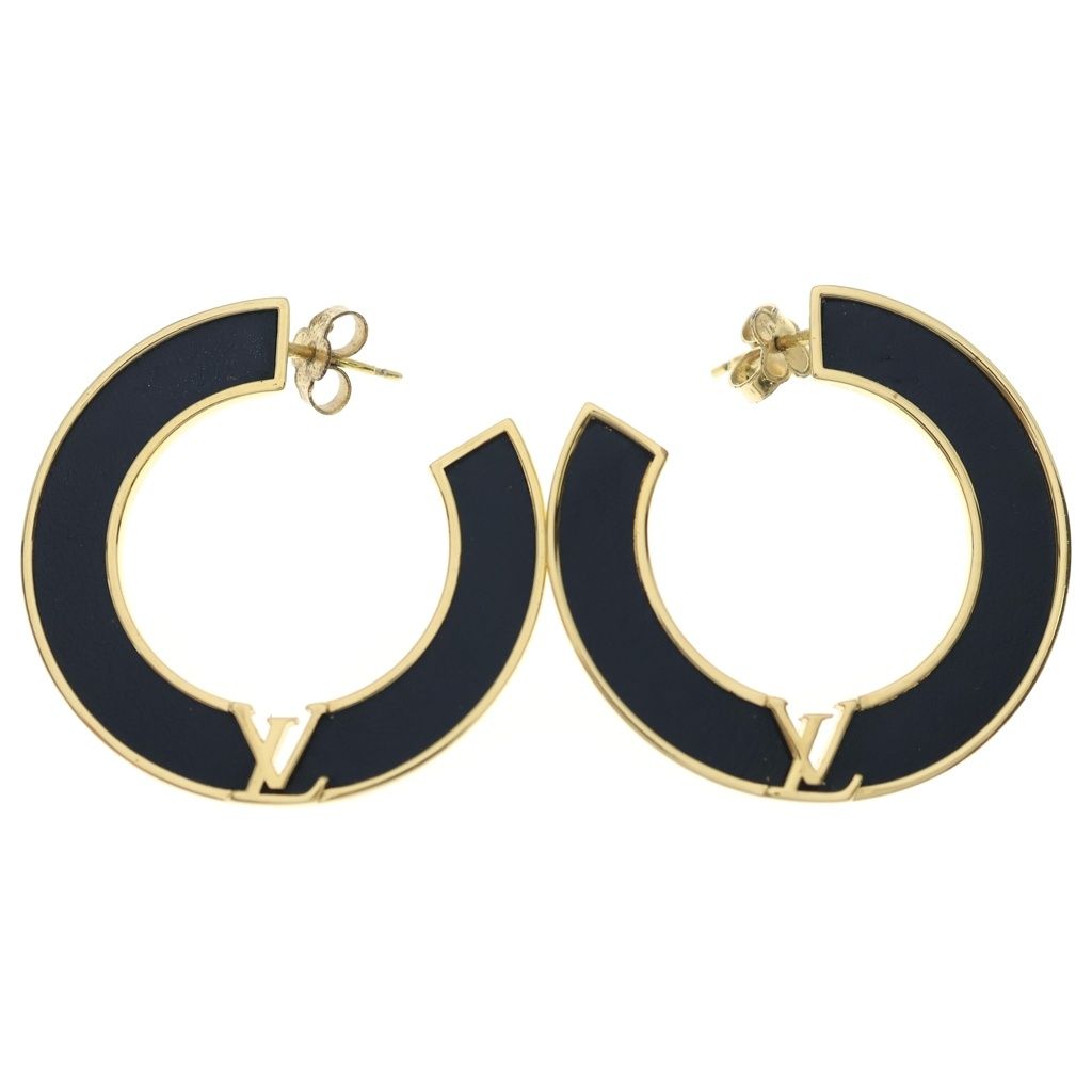 Louis Vuitton LV Round Earrings Black Gold Leather