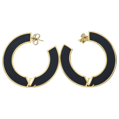 Louis Vuitton LV Round Earrings Black Gold Leather