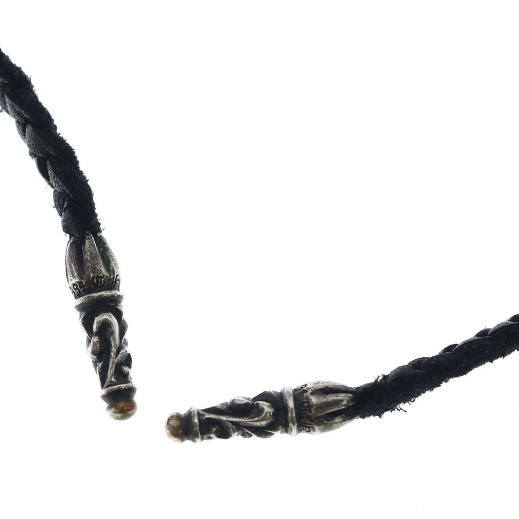 Chrome Hearts Leather Braid Scroll Blade Necklace Black Silver