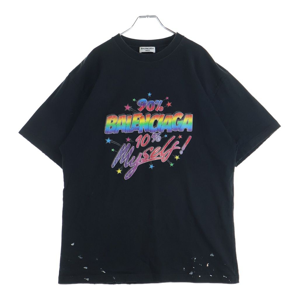 Balenciaga Slogan Print Large Fit T-Shirt Distressed Paint Short Sleeve Black