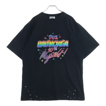 Balenciaga Slogan Print Large Fit T-Shirt Distressed Paint Short Sleeve Black