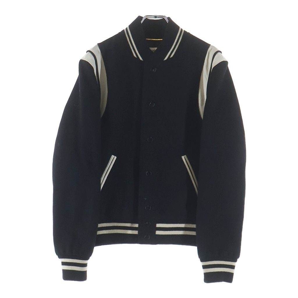 Saint Laurent Paris Teddy Jacket Leather Trim Wool Stadium Jumper Black
