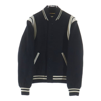Saint Laurent Paris Teddy Jacket Leather Trim Wool Stadium Jumper Black