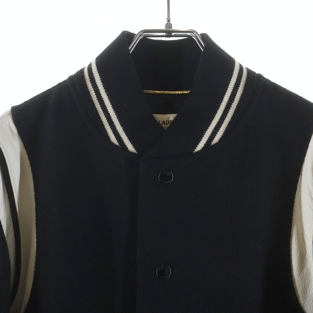 Saint Laurent Paris Teddy Jacket Leather Trim Wool Stadium Jumper Black — view 3