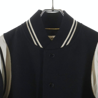 Saint Laurent Paris Teddy Jacket Leather Trim Wool Stadium Jumper Black — view 3