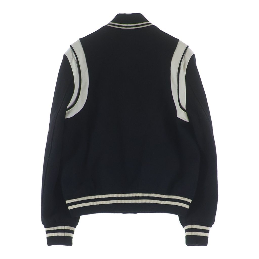 Saint Laurent Paris Teddy Jacket Leather Trim Wool Stadium Jumper Black — view 2