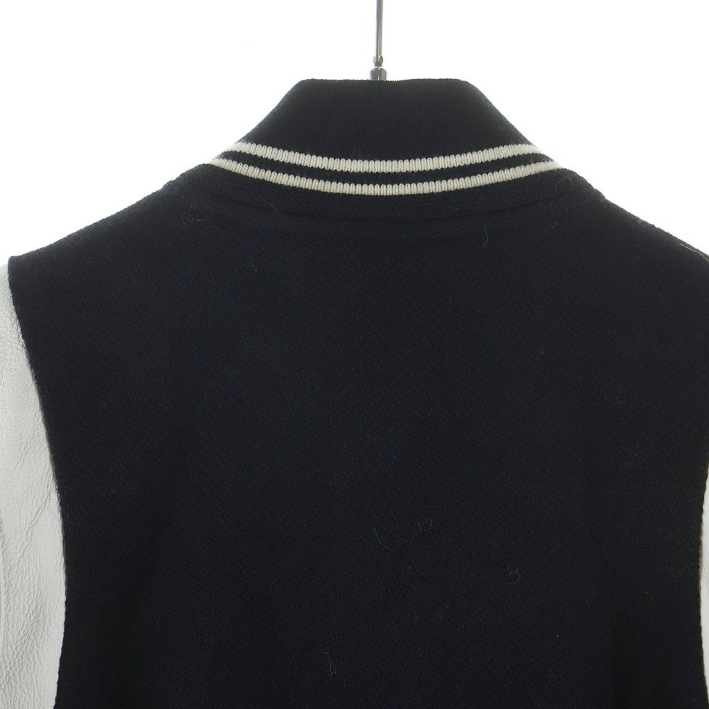 Saint Laurent Paris Teddy Jacket Leather Trim Wool Stadium Jumper Black — view 4