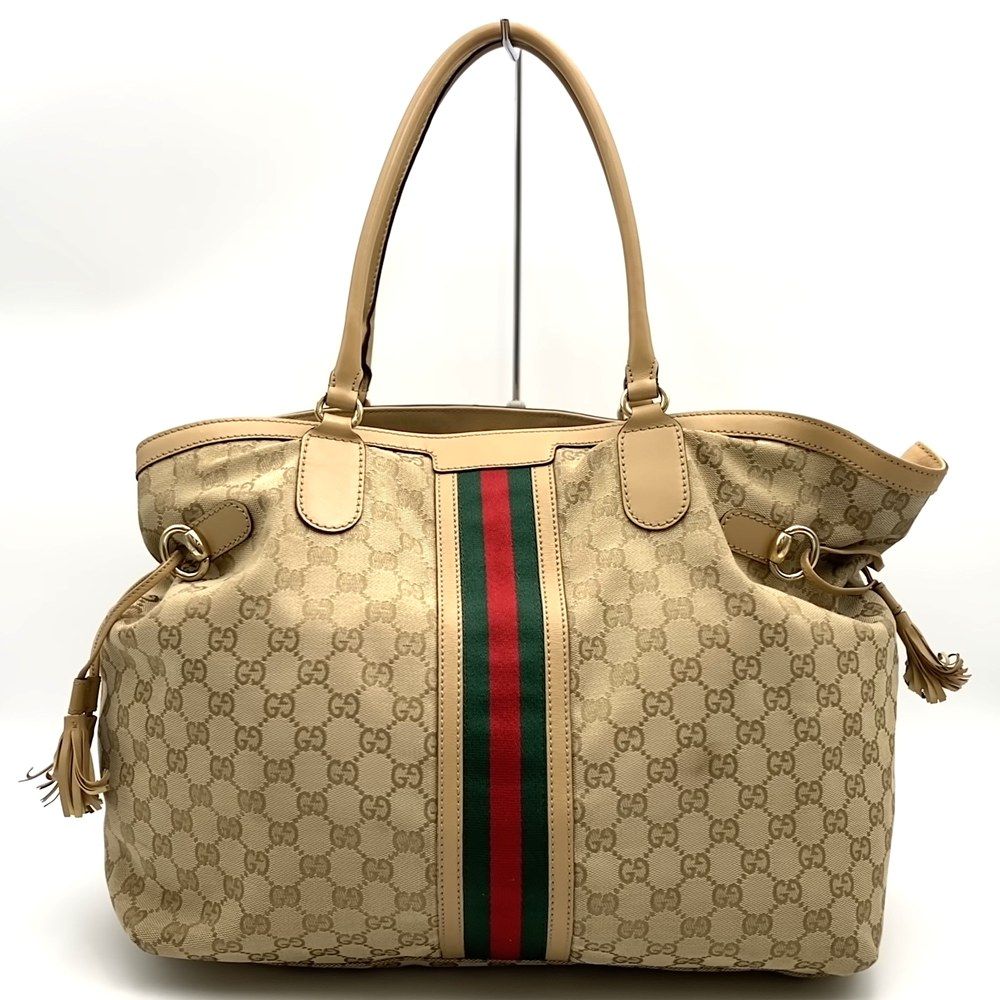 Gucci GG Canvas Sherry Tote Tassel Leather Beige