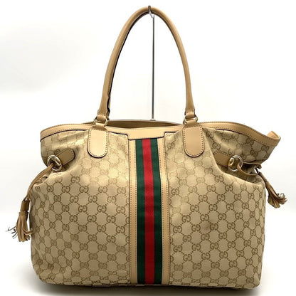 Gucci GG Canvas Sherry Tote Tassel Leather Beige