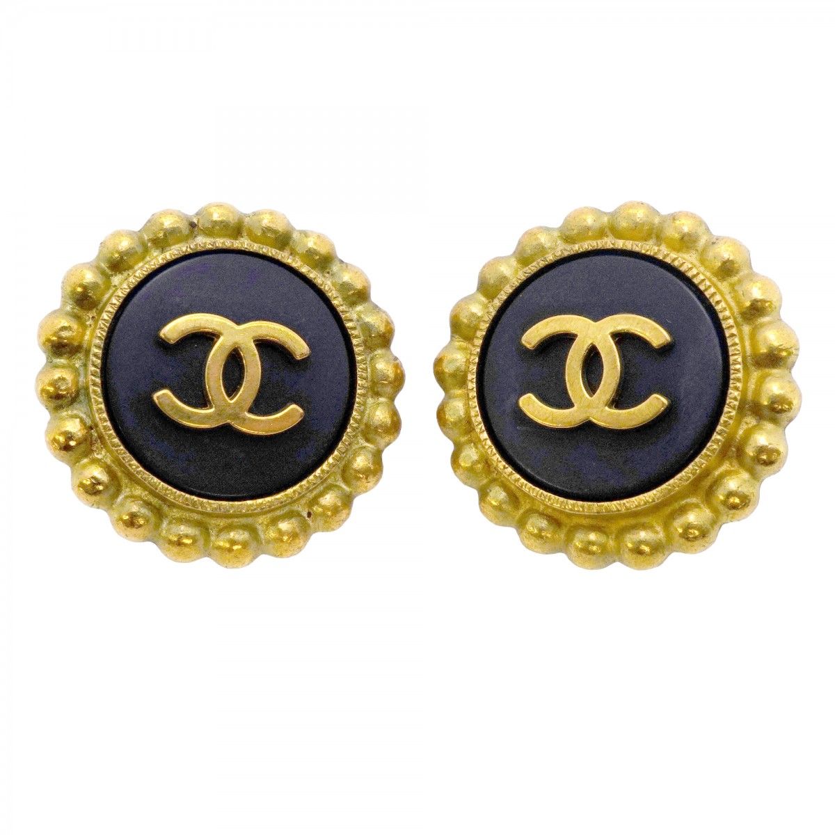 Chanel Earrings Vintage CC Logo Gold Plated Black Cles