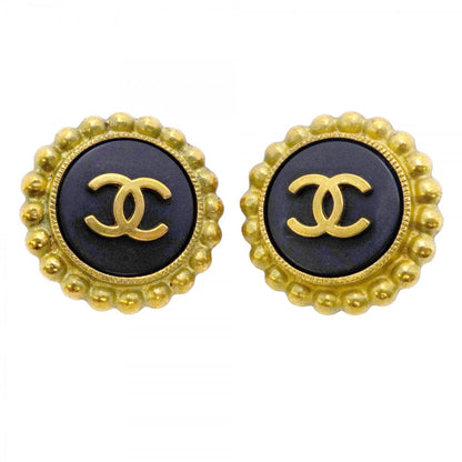 Chanel Earrings Vintage CC Logo Gold Plated Black Cles